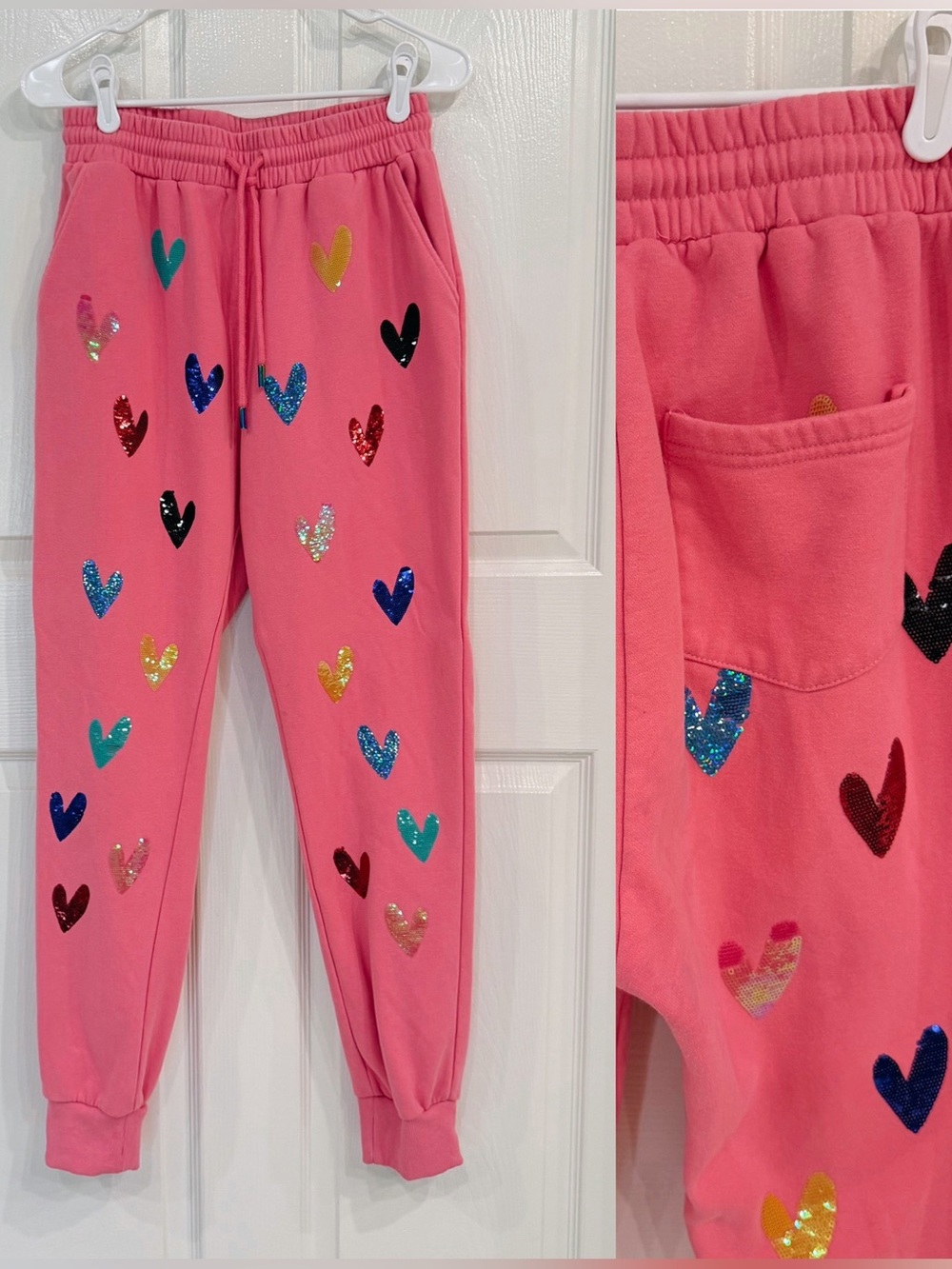 QUEEN OF SPARKLES | Pink Jogger Sweatpants Sequin Hearts Size Medium
